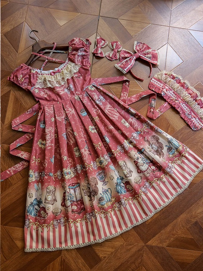 Red Halter Lolita OP Dress with Popcorn Bear Theme, Long/Short Version - Sweet Dream