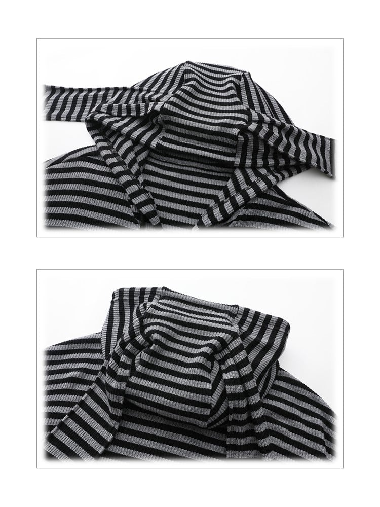 Plus Black Size Drawstrings Pompon Jacket Hoodie Stripes with Bunny Gray