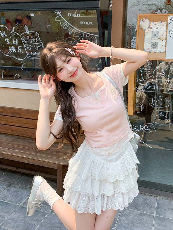 Faux Two-Pieces Pink Cherry Embroidery Sweet Floral T-Shirt