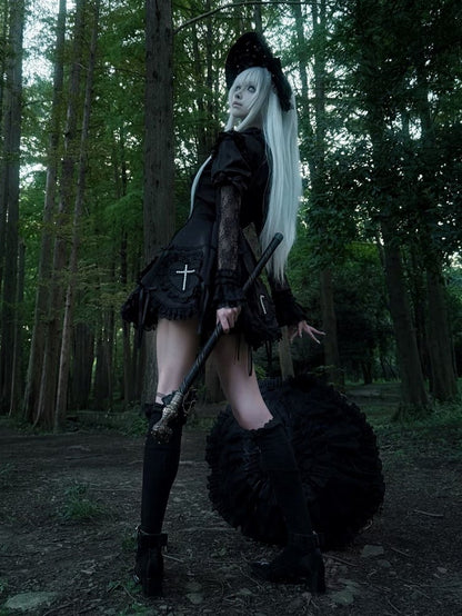 Details Cross and Lace Decoration Lolita Dress Black Gothic with Beaded