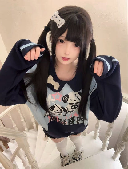 Pan Fleece Peter Blue Puppy with Sweatshirt Print Punk Black Collar and Alt-Kawaii Embroidered Bone