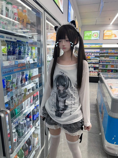 Print Semi-Sheer Cartoon Top White with Loose