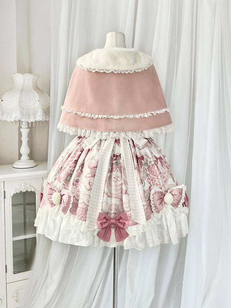 Cape Pink Pompoms and Sweet Plush Collar Lolita with Lace Trim