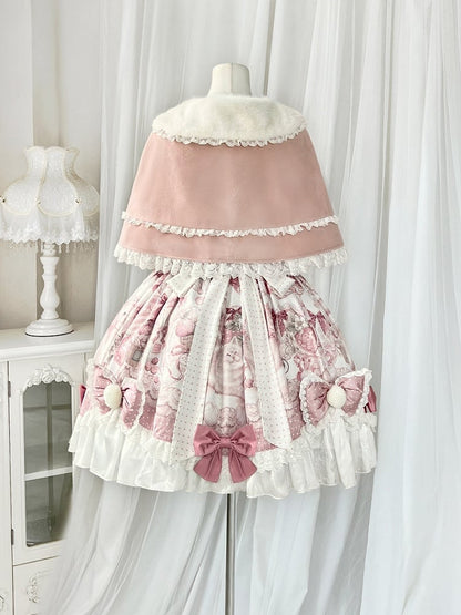 Plush Jumper Cape + Print Strawberry Collar Pink Sweet Kitty Skirt Set Lolita and
