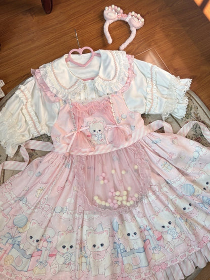 Pink Kitty and Polka Dots Pattern Sweet Lolita Overall Dress