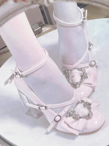 Rose Pink Leather Design with Light PU Block Heels Adorned Heart High Crisscross