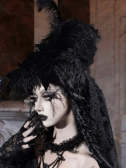 Bow Gothic Hat Velvet Detachable Veil High-Top and Lace with Black Feather