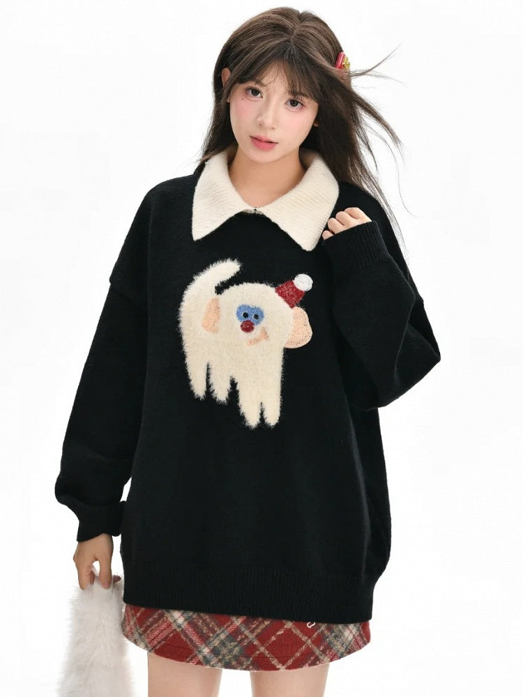 Cute Monkey Pattern Navy Blue Polo Collar Sweater