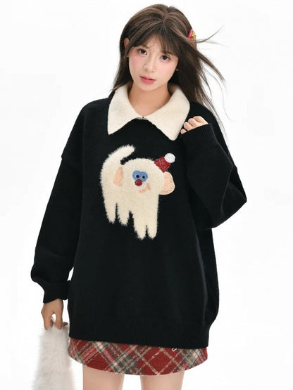 Cute Monkey Pattern Navy Blue Polo Collar Sweater