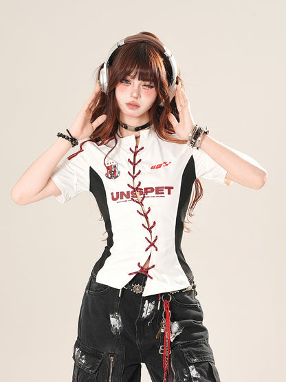 ホワイト レースアップフロント スリムフィット Tシャツ