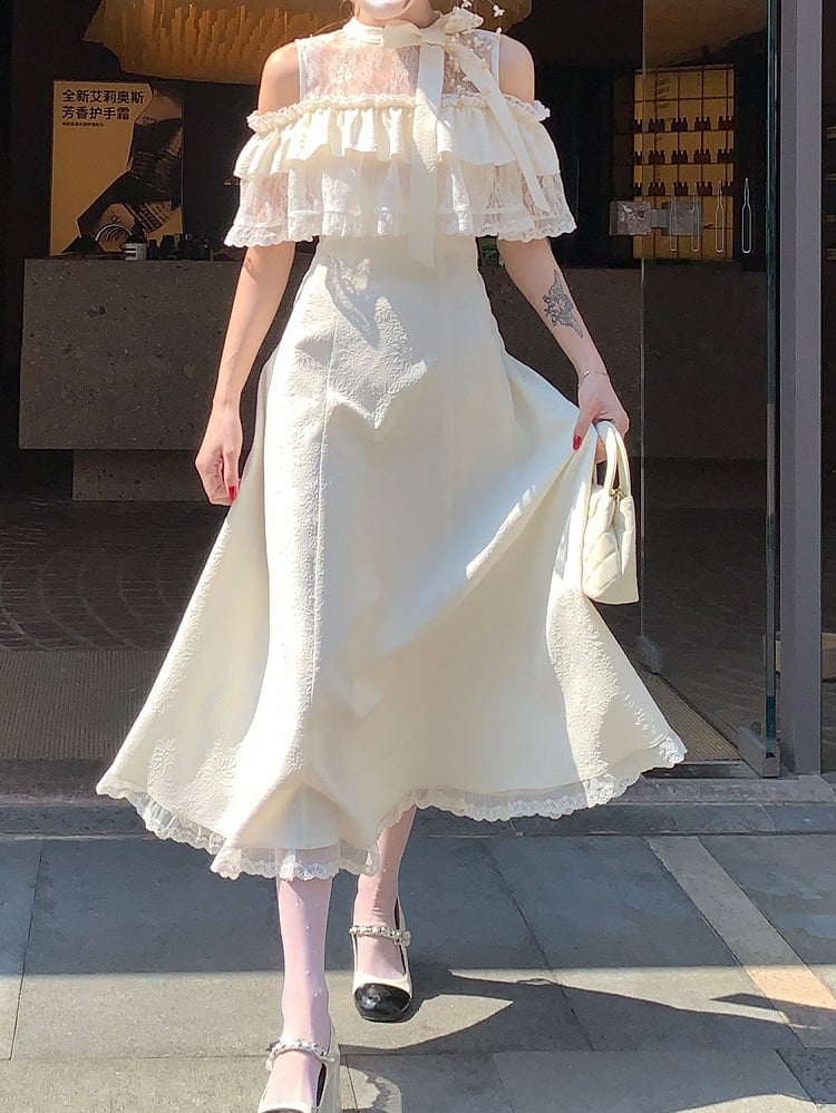 Jirai Beige Innocent Long Style Clean with Dress Flounce Off-Shoulder Kei Tiered