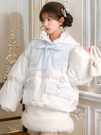 Alice in Wonderland Alice Tweed Patchwork White Hooded Down Jacket