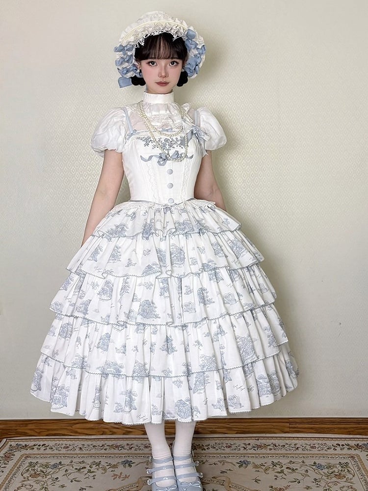 White & Blue Floral Embroidered Cape with Bow Accents - CEL