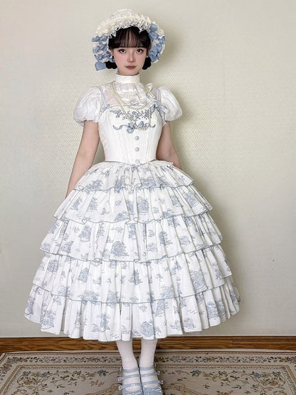 White & Blue Floral Embroidered Cape with Bow Accents - CEL