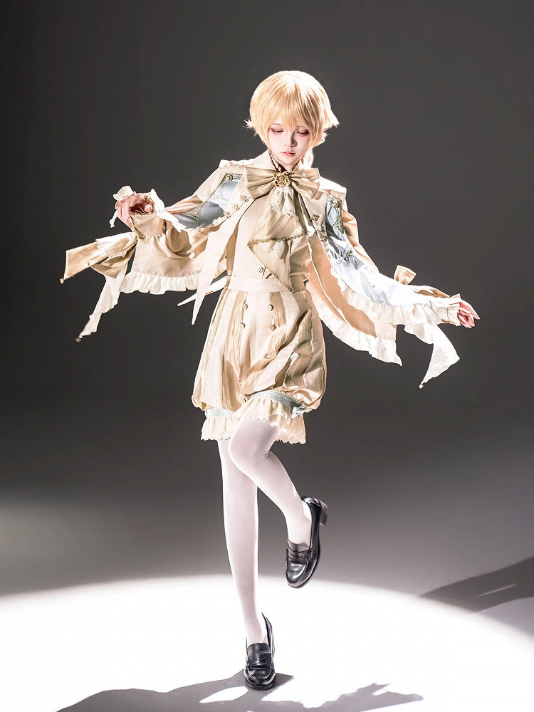 Bishop Sleeve Ouji Shirt and Striped Shorts Set with Angel Wing Collar - Unknown Star