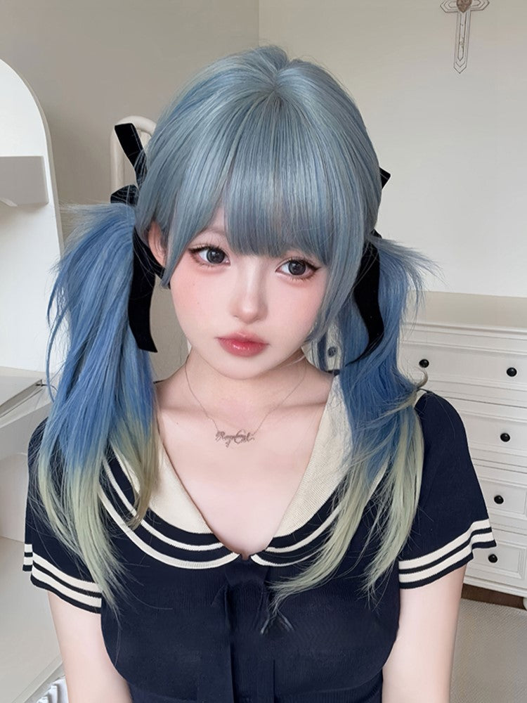 Straight Ombre 65CM Hime Color With Hair Air Cut Blue Bangs Length Wig