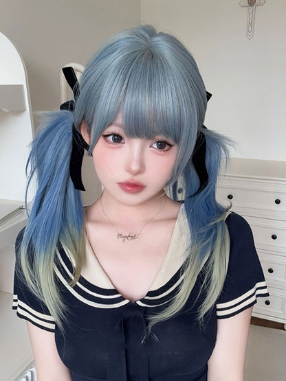 Straight Ombre 65CM Hime Color With Hair Air Cut Blue Bangs Length Wig