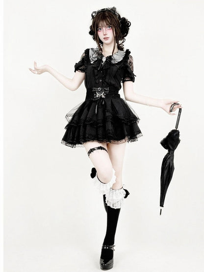Midnight Lace-Shoulder Ruffle Blouse with Cutout Accents - AMAHAKAWA