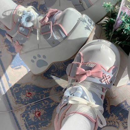 Platform - Embroidery Lolita Blue White Sweet Regular/Thicken Sneakers Version Paw