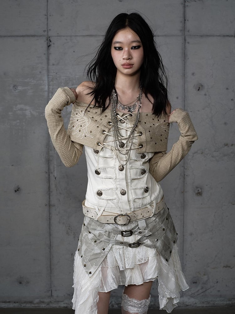 Studded Wing Khaki with Punk Panels Denim Embroidery Knit White Top Off-Shoulder