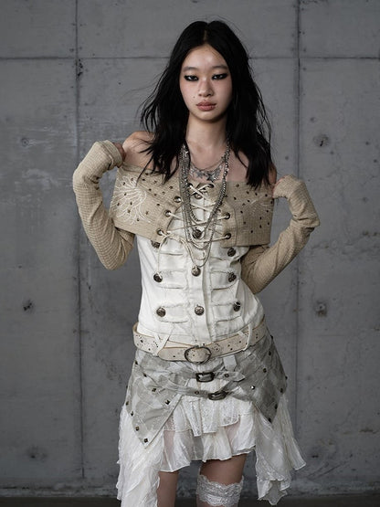 Studded Wing Khaki with Punk Panels Denim Embroidery Knit White Top Off-Shoulder