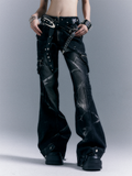 Washed Zippered Flare Black-Grey Studs Jeans Pockets Punk With
