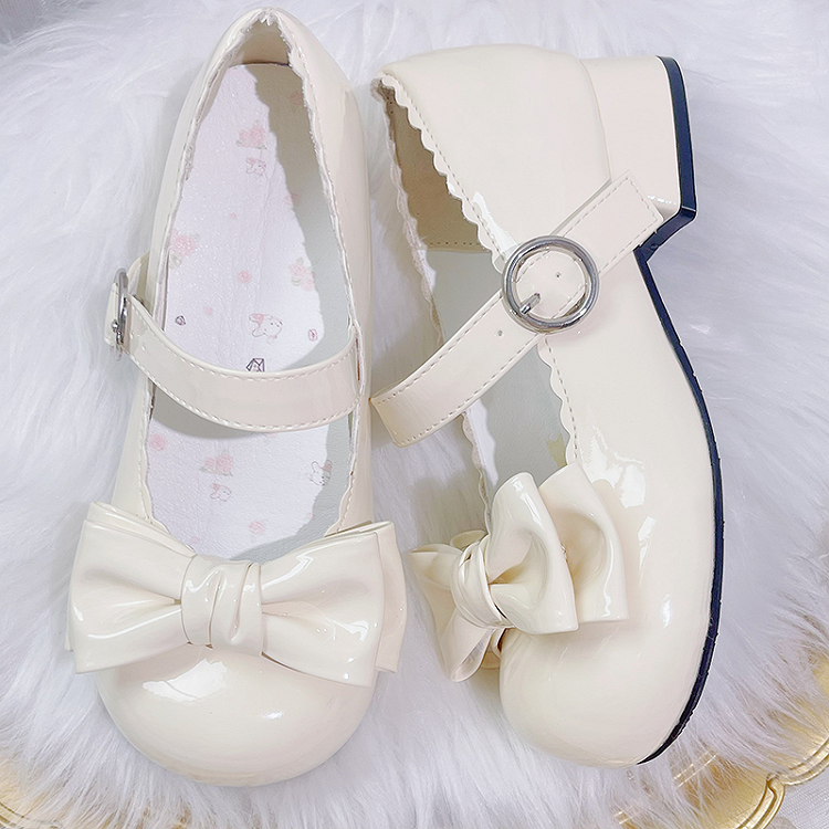 Sweet Lolita Mary Janes à bout rond et talon carré avec nœud abricot
