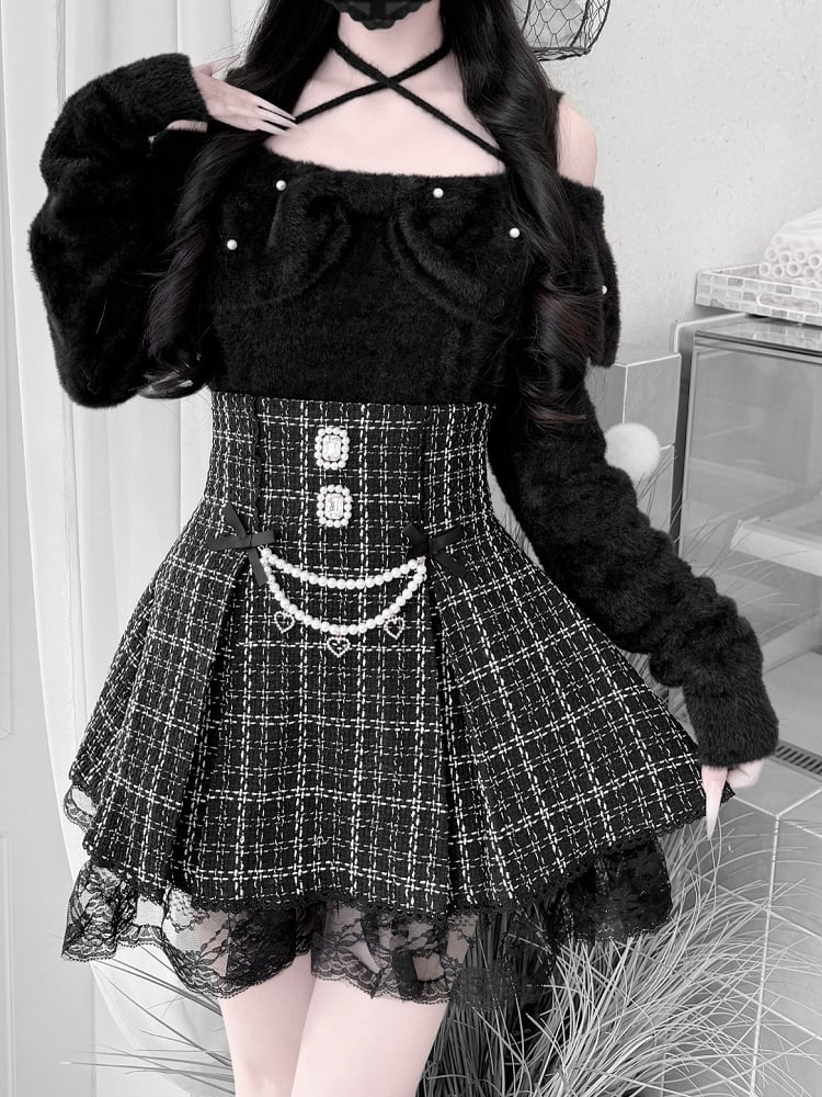 Jirai for a Kei Plush Convertible Sweet 2-in-1 Mink Bow Black Collar Sweater: Look Sophisticated