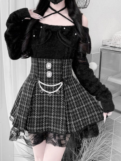 Jirai for a Kei Plush Convertible Sweet 2-in-1 Mink Bow Black Collar Sweater: Look Sophisticated