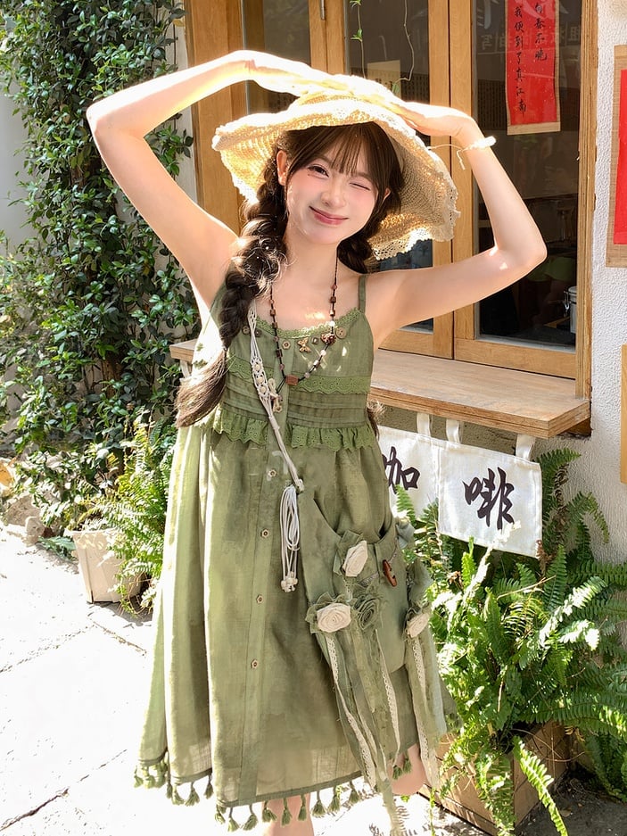Mori Kei Cami Dress Embellished Neckline Green Tassel Hem Buttons