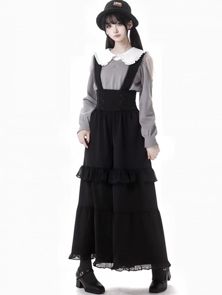 Black Lace Details Ruffle Trim Overall Pants