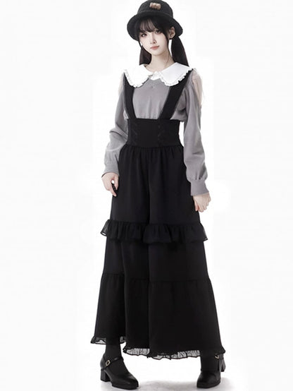 Black Lace Details Ruffle Trim Overall Pants
