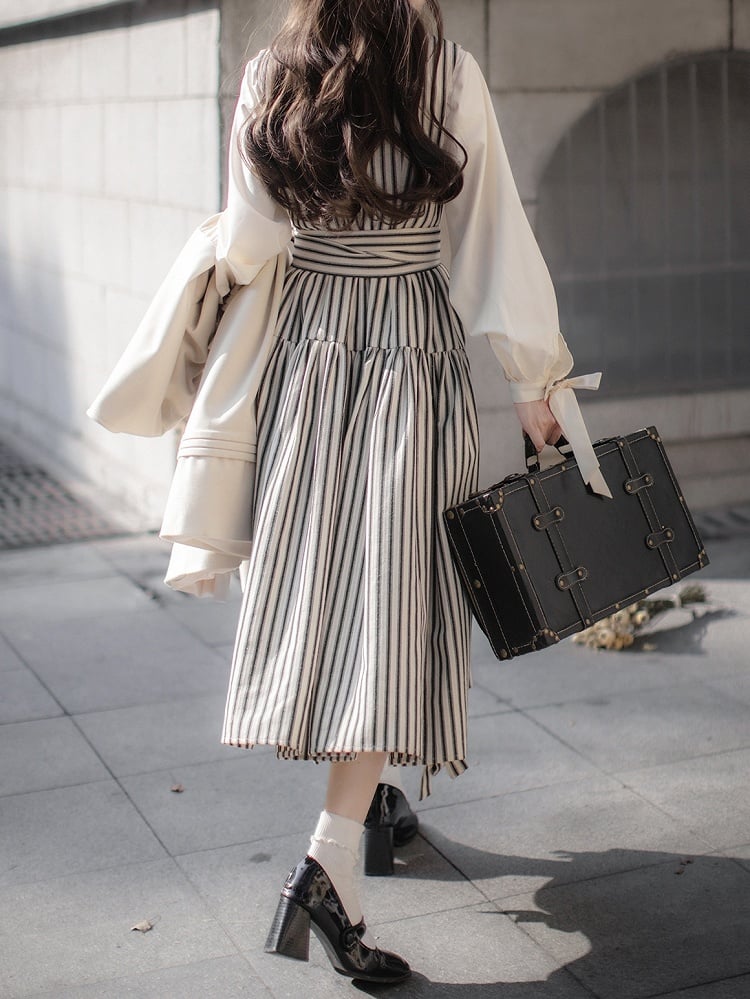 Hem Preppy Elegant in with Belt Bowknot White Black Waist Details Dress at and Stripes