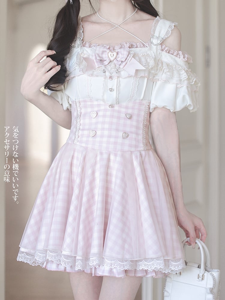 Top with Off-the-shoulder Jirai Kei Apricot Neckline and Pink Lace Trim