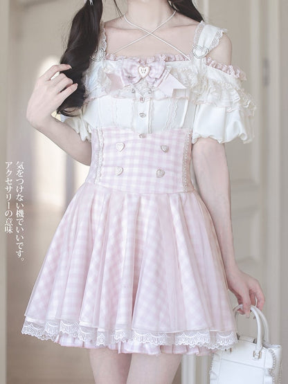 Top with Off-the-shoulder Jirai Kei Apricot Neckline and Pink Lace Trim