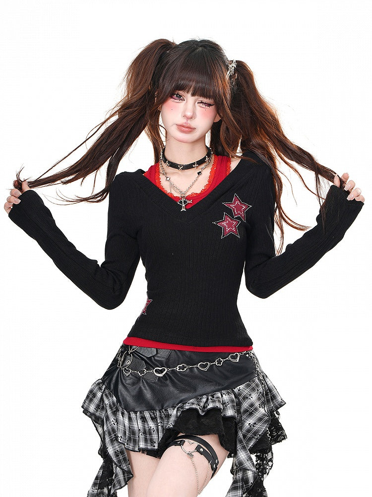 Black Blue/Black Red Rhinestone Star Glamorous Top
