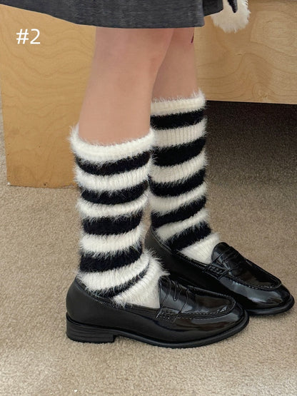 Y2K Striped Pattern Knitted Plush Leg Warmers