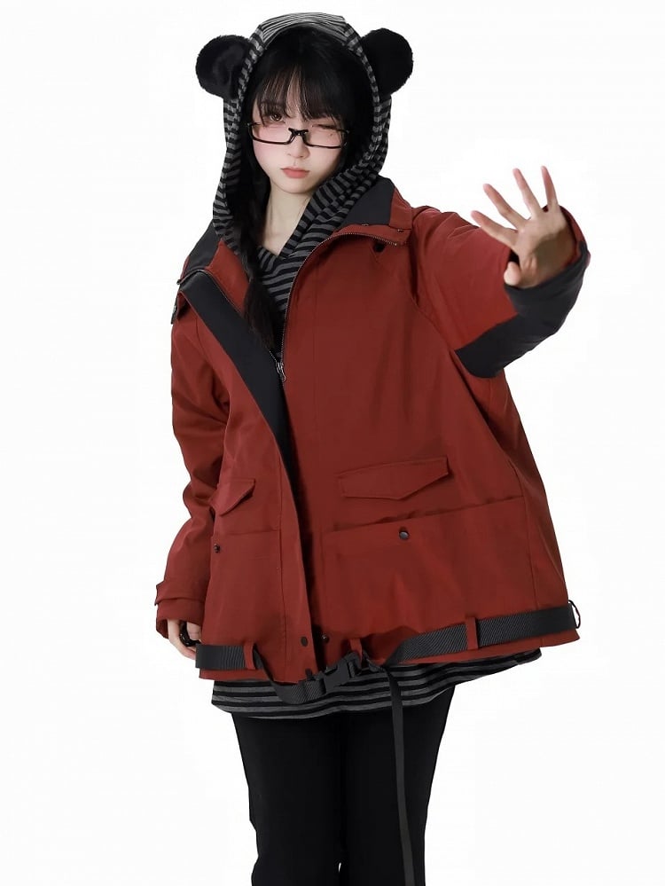 Black and Grey PU Bat Buckle Strap Bear Ears Striped Hoodie