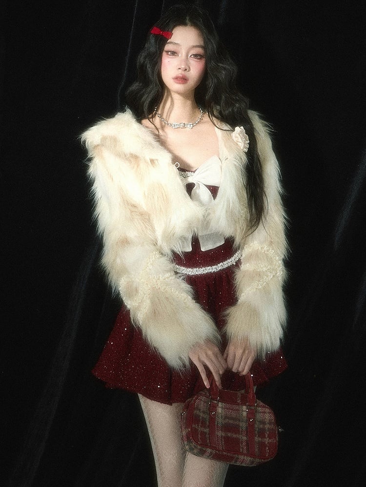 Weihnachtsrotes Tweed-Unterkleid mit Schleife und Perlendetails