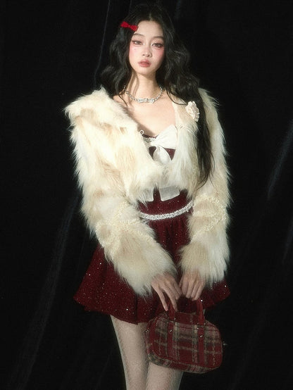 Weihnachtsrotes Tweed-Unterkleid mit Schleife und Perlendetails