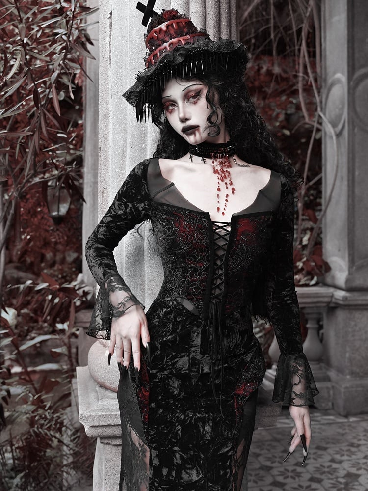 Flügel Romantischer Samt und geformter Spitzenausschnitt Fledermaus Vampirkleid Goth Meerjungfrau