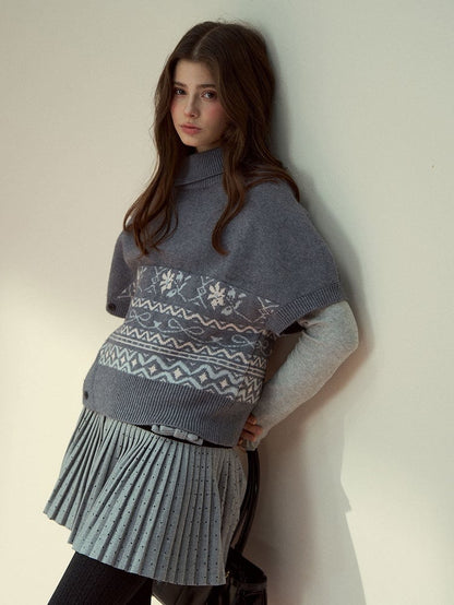 Short Pattern Sleeve Vintage with Gray Elegant Asymmetrical Sweater