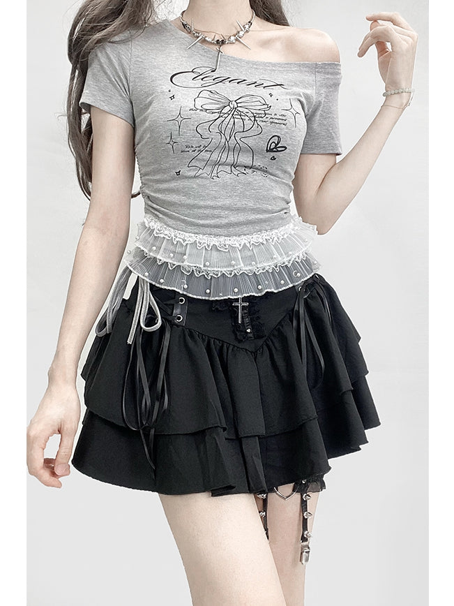 レースプリントの華やかなレターネックラインのリボン、非対称、グレー