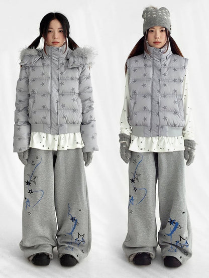 Veste amovible avec manches détachables à motif étoiles et capuche en duvet gris et peluche amovible, multipositions