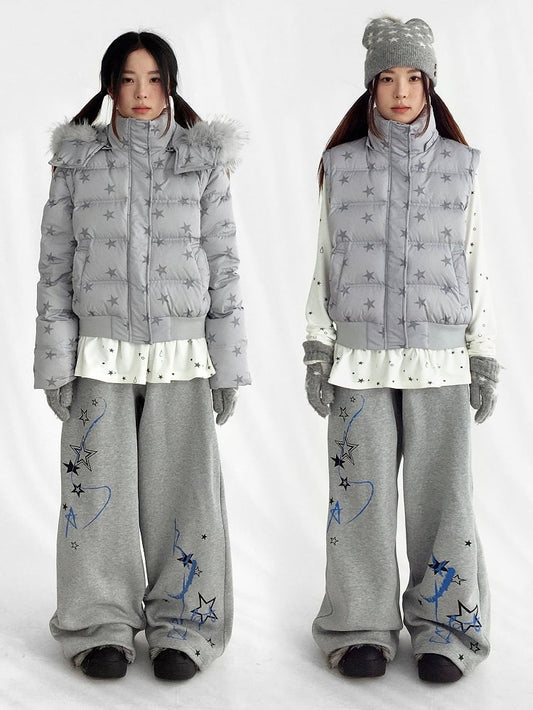 Trim Detachable Sleeves Wear Jacket Removable with Gray Plush Pattern Star Down Hood Multi-way