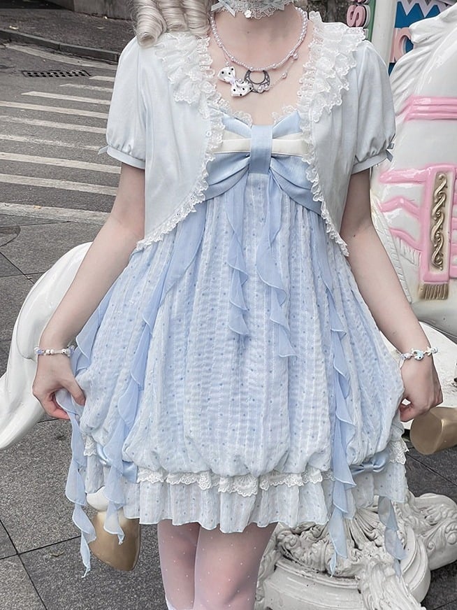 Blue Bow Cardigan with Lace Trim - Tan Tuan
