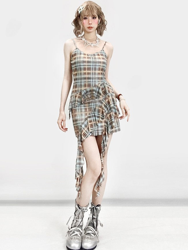 Cami Pattern Y2K Blue Asymmetrical Hem Plaid Glamorous Dress