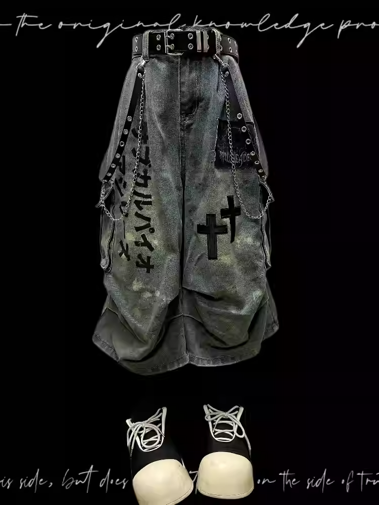 Light Wide-leg Appliques Cross Punk Blue Distressed Wasteland Jeans Cargo