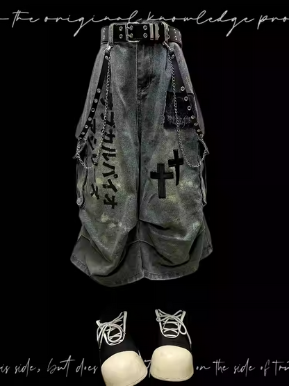 Light Wide-leg Appliques Cross Punk Blue Distressed Wasteland Jeans Cargo