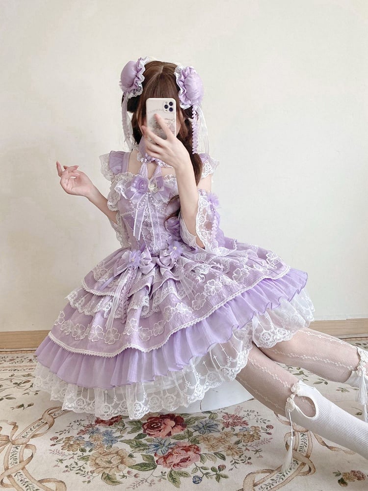 Bows Dress Frog Chinoiserie Flower with Layered Purple Lolita Corset Button Waist